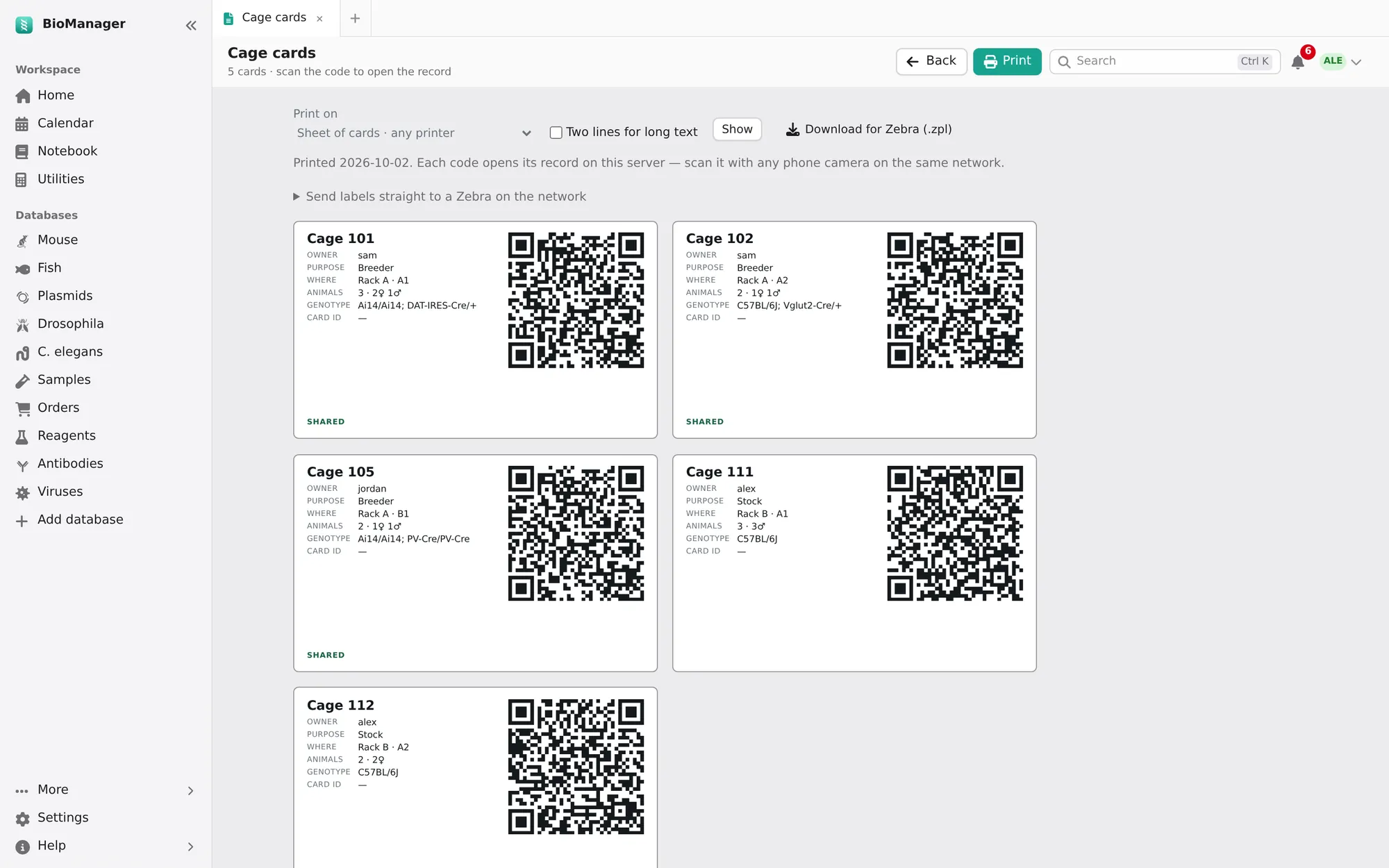 Printable cage cards with owner, purpose, genotype and a QR code